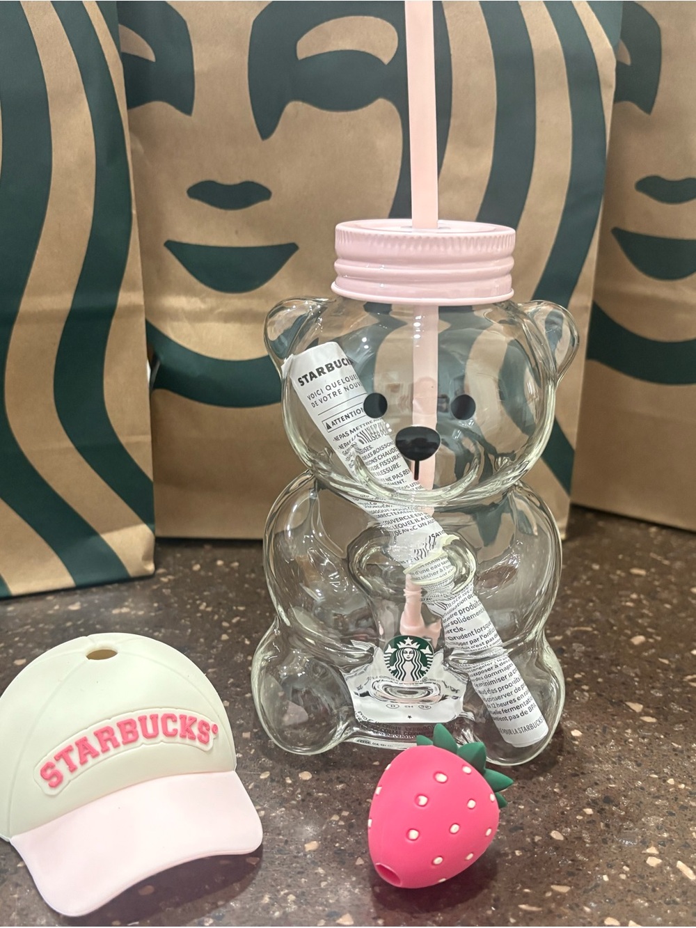 Starbucks Glass Bearista Bear Cup Strawberry Straw & Hat 20oz - Picture 4 of 9